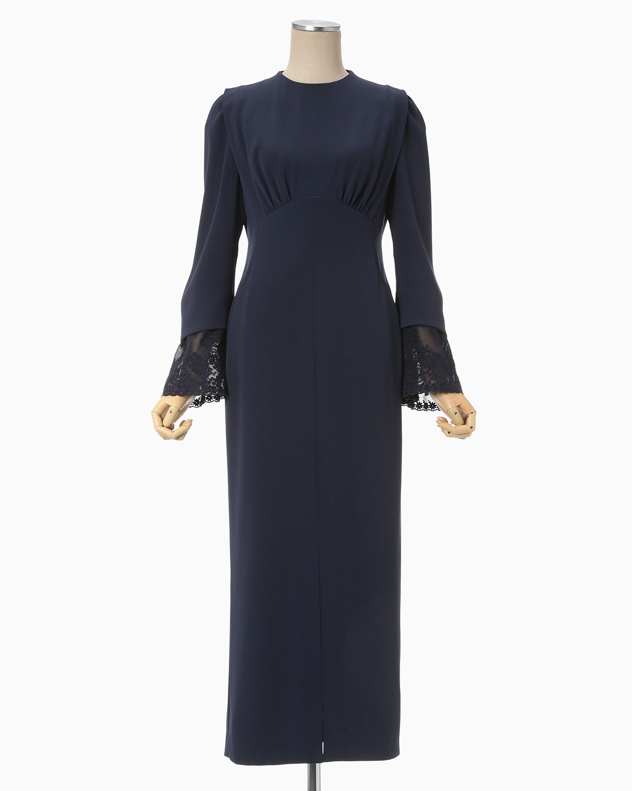 Back Satin Crepe Georgette Embroidered Cuffs I-Line Dress - navy