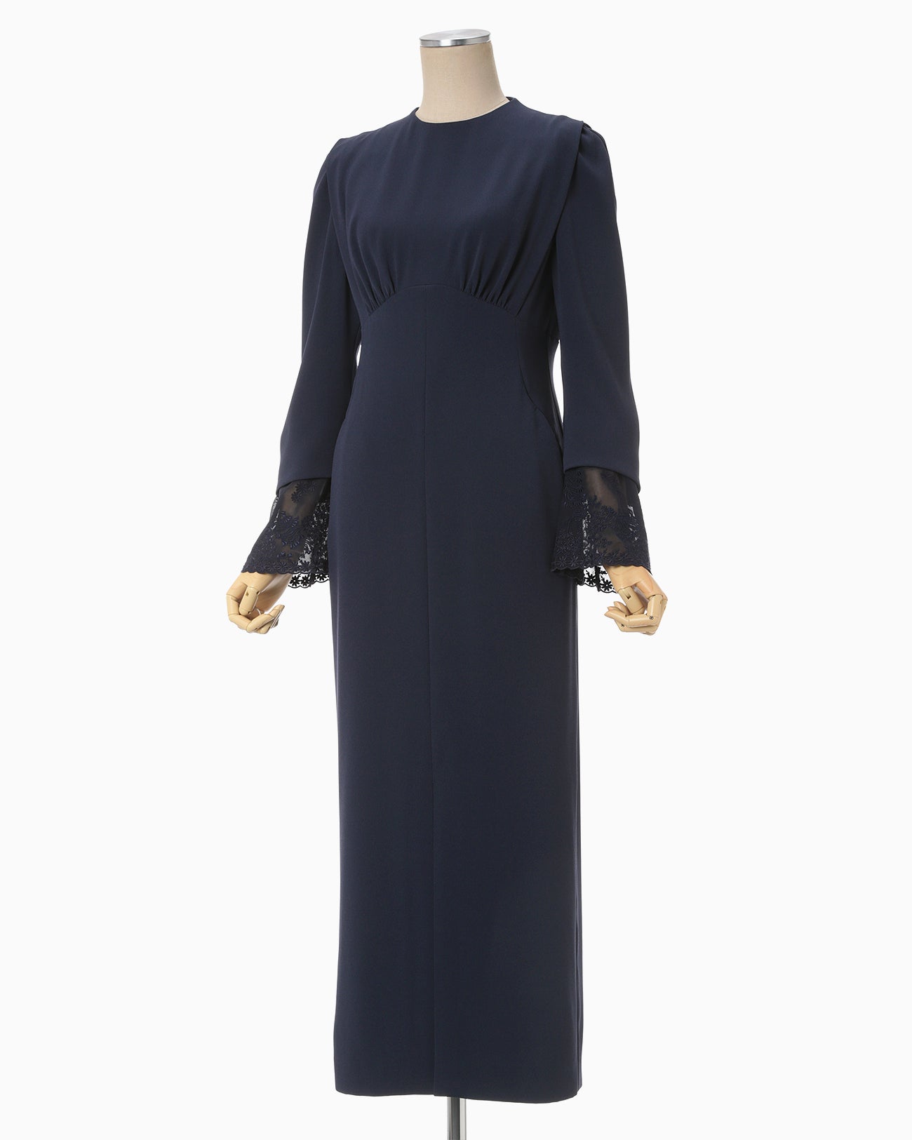 Back Satin Crepe Georgette Embroidered Cuffs I-Line Dress - navy