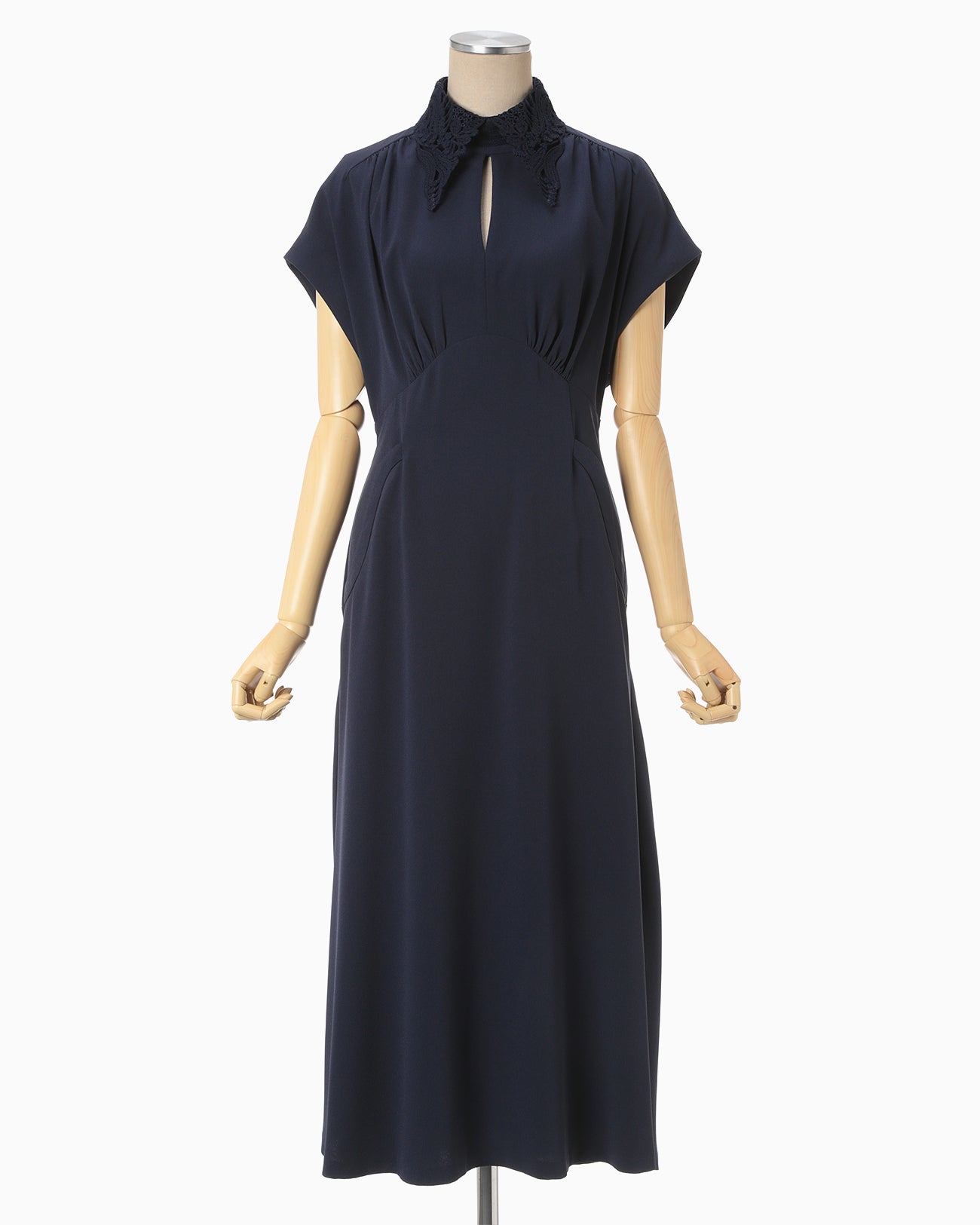 Back Satin Crepe Georgette Embroidered Collar Flared Dress - navy