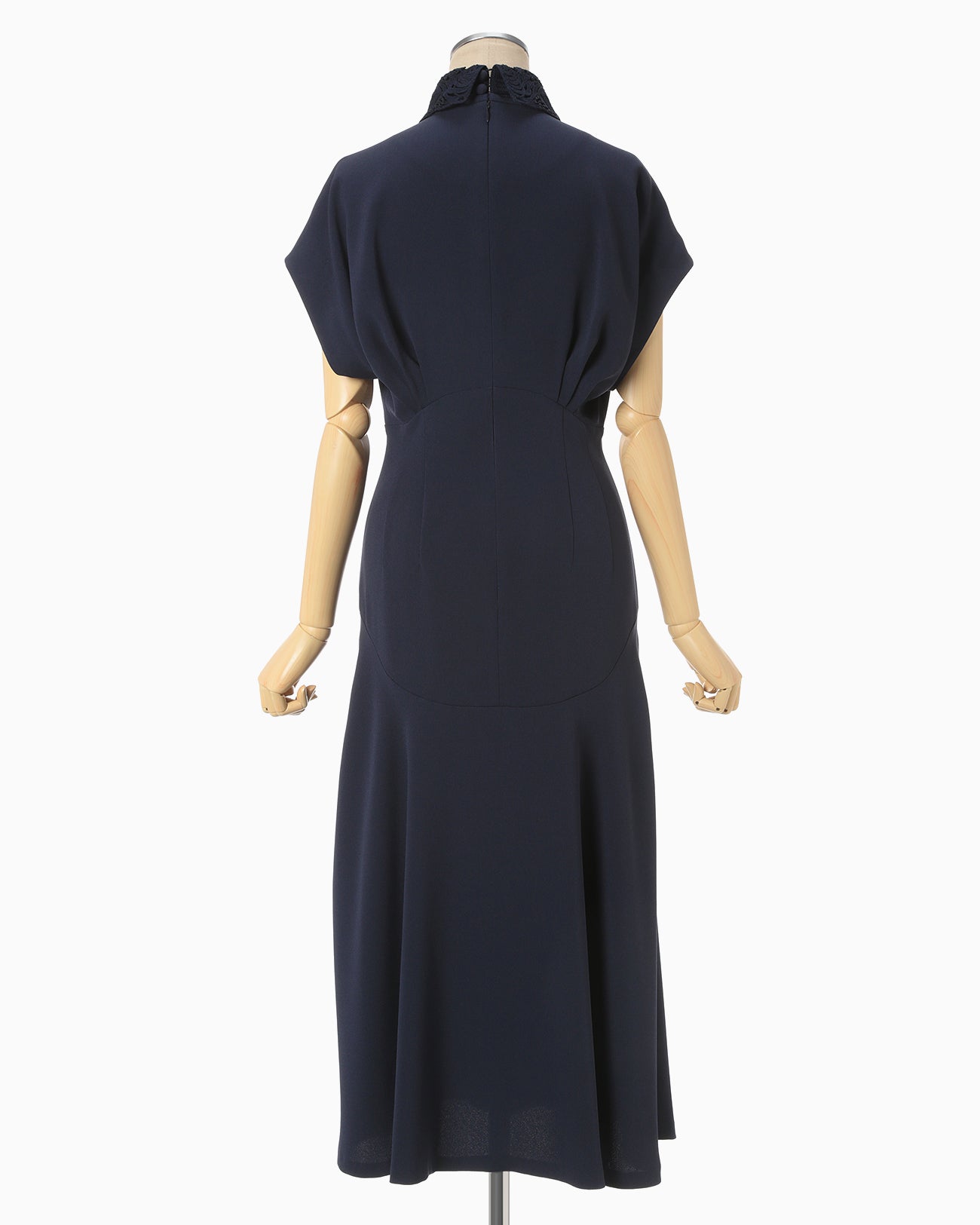 Back Satin Crepe Georgette Embroidered Collar Flared Dress - navy 