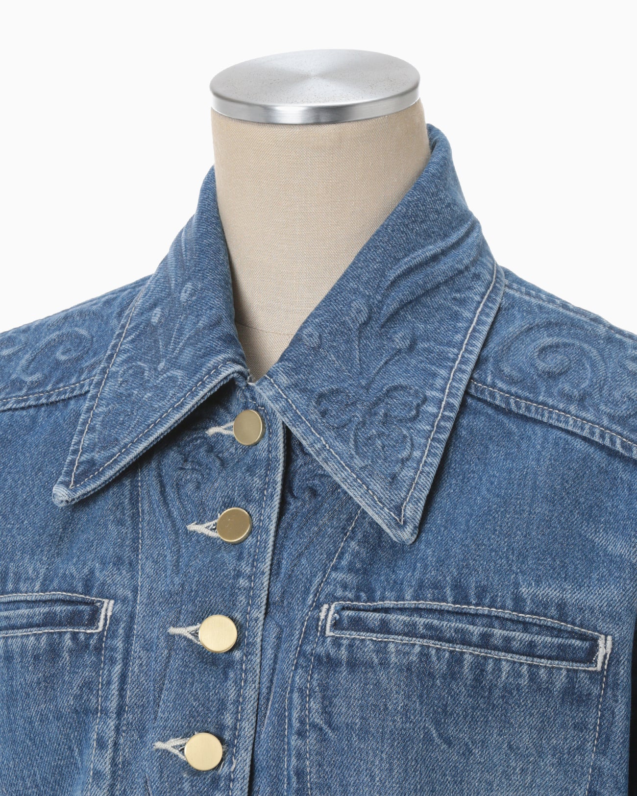 Floral Embossed Short Denim Jacket - blue