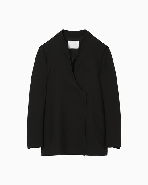 Linen Touch Triacetate Collarless Double Breasted Jacket - black