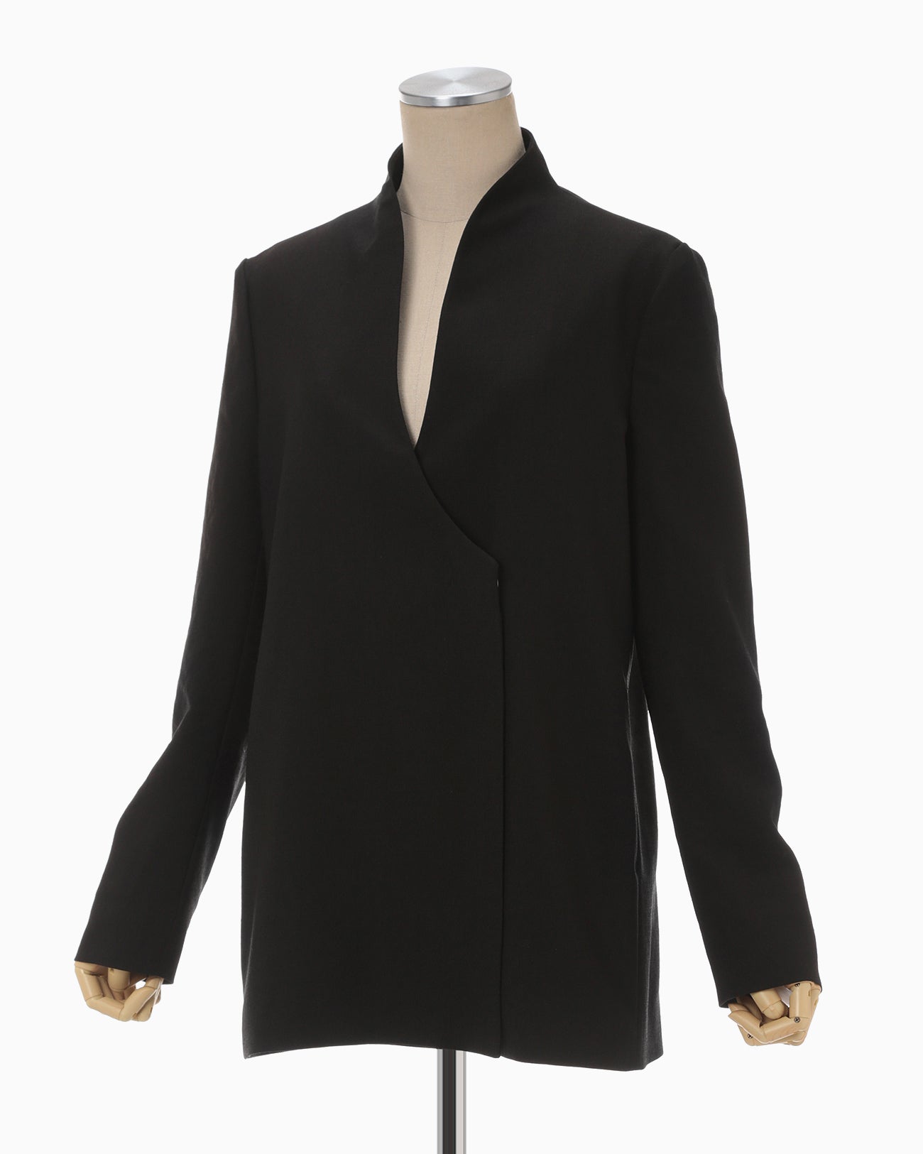 Linen Touch Triacetate Collarless Double Breasted Jacket - black  