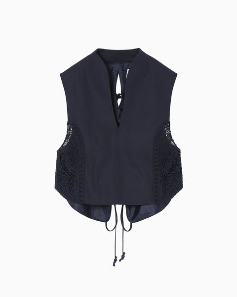 Cording Embroidery Detail Cotton Vest - navy