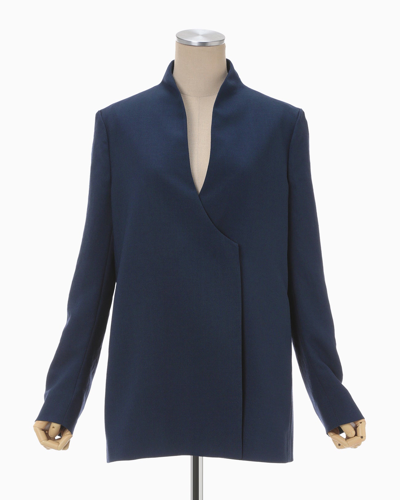 Linen Touch Triacetate Collarless Double Breasted Jacket - navy  
