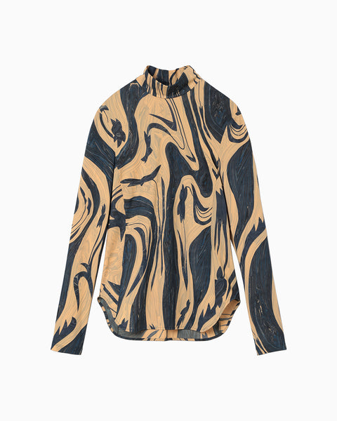 Marble Print Jersey High Neck Top - beige