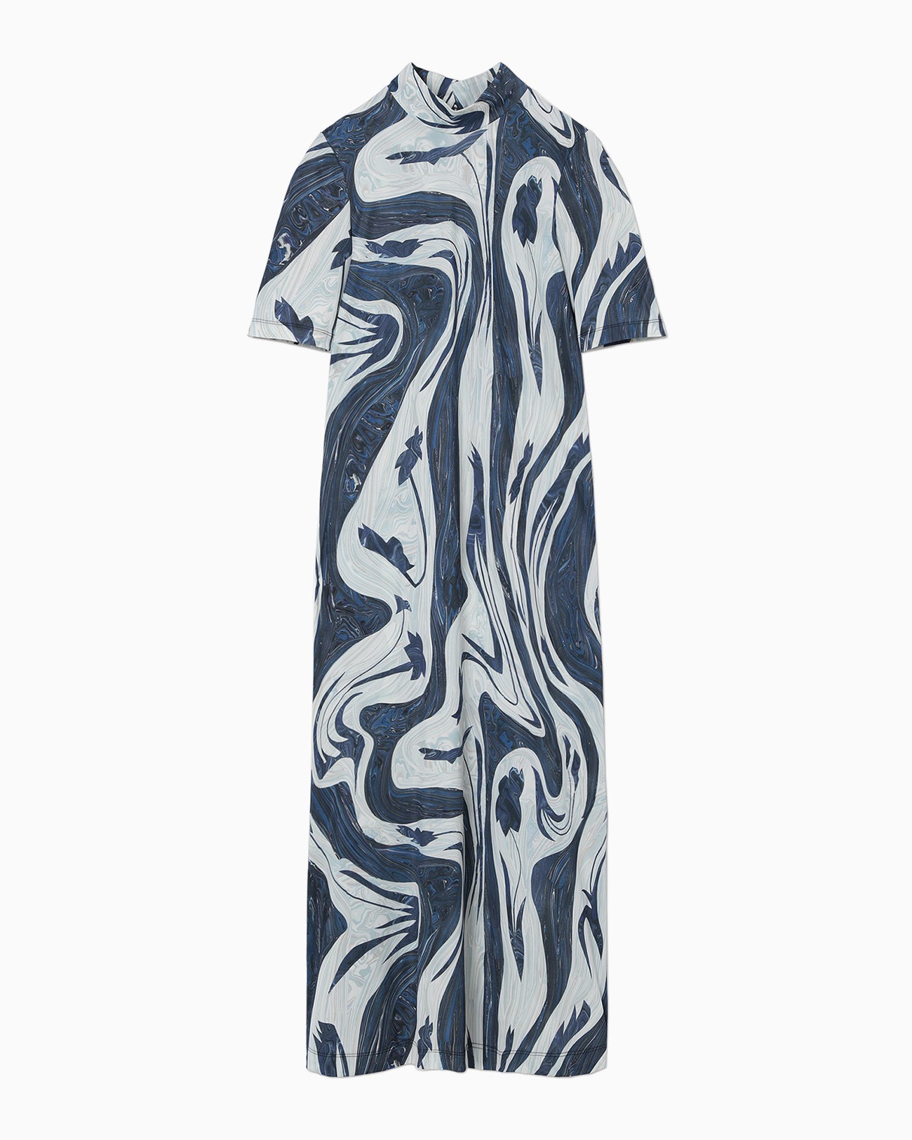 Marble Print Jersey High Neck Dress - blue