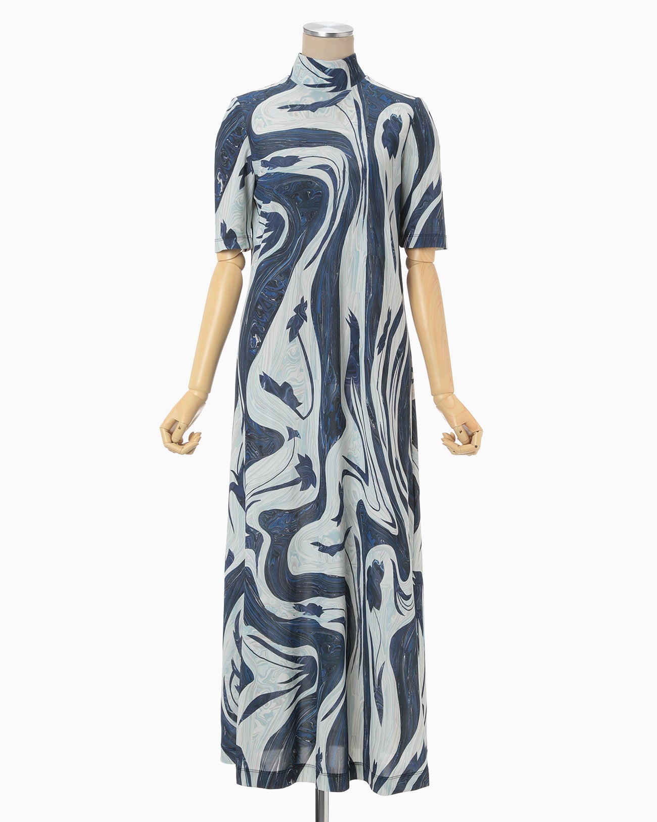 Marble Print Jersey High Neck Dress - blue