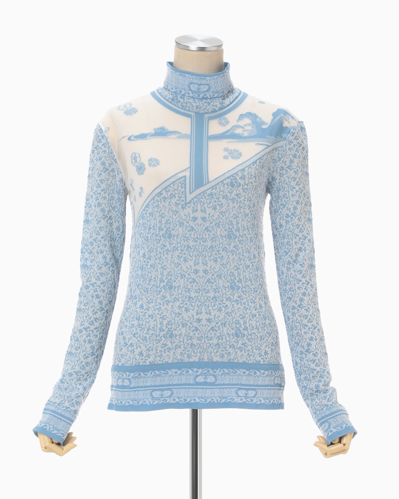 Landscape Graphic Sheer Knitted High Neck Top - blue