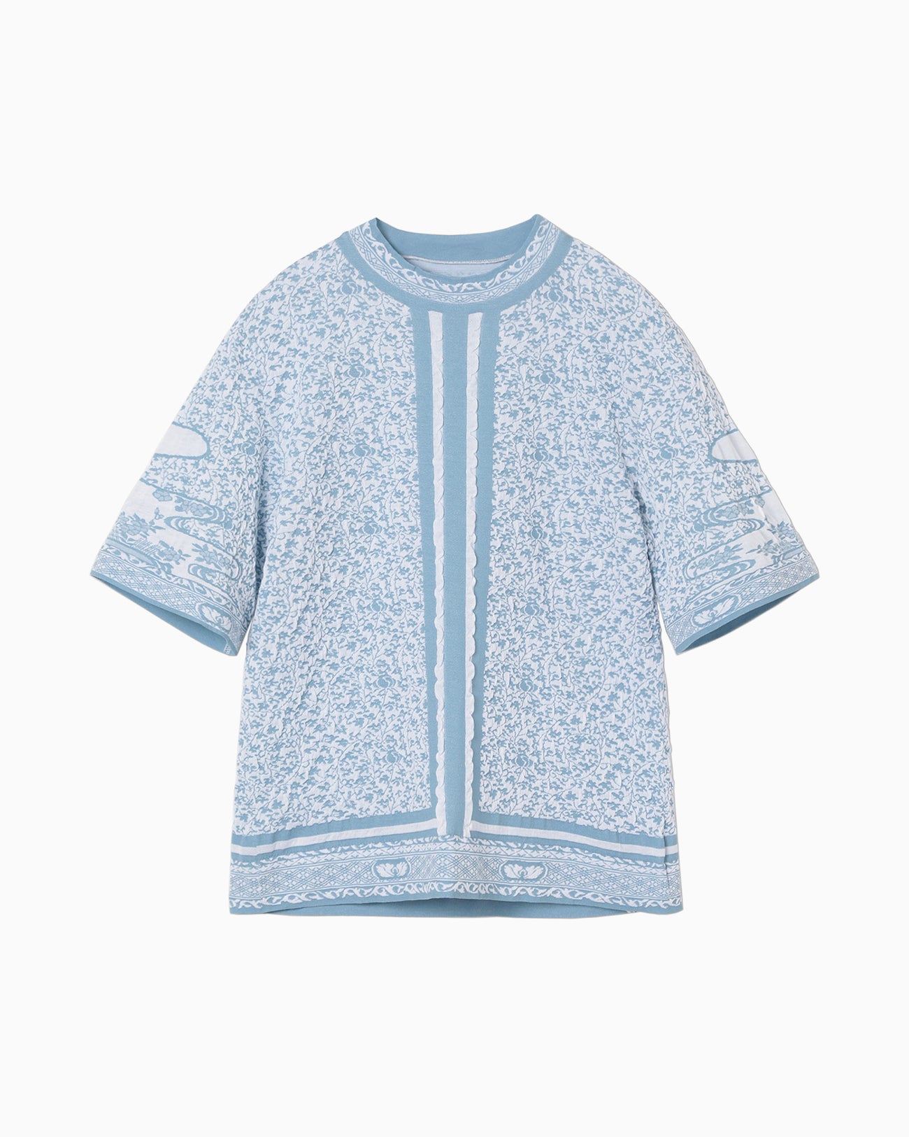 Landscape Graphic Sheer Knitted Crew Neck Top - blue