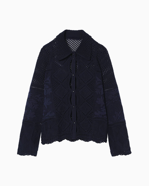 Cotton Lace Knitted Cardigan - navy