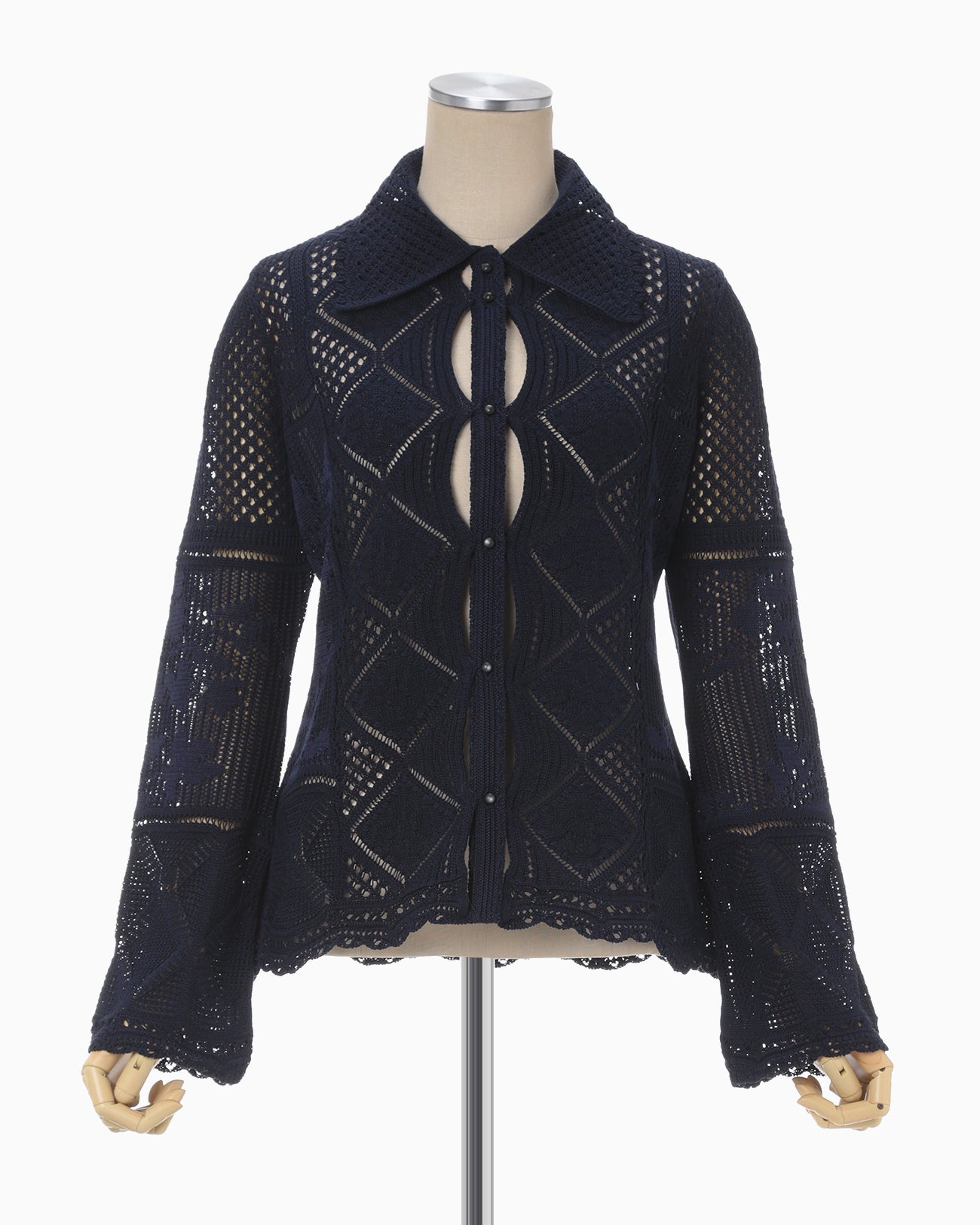 Cotton Lace Knitted Cardigan - navy