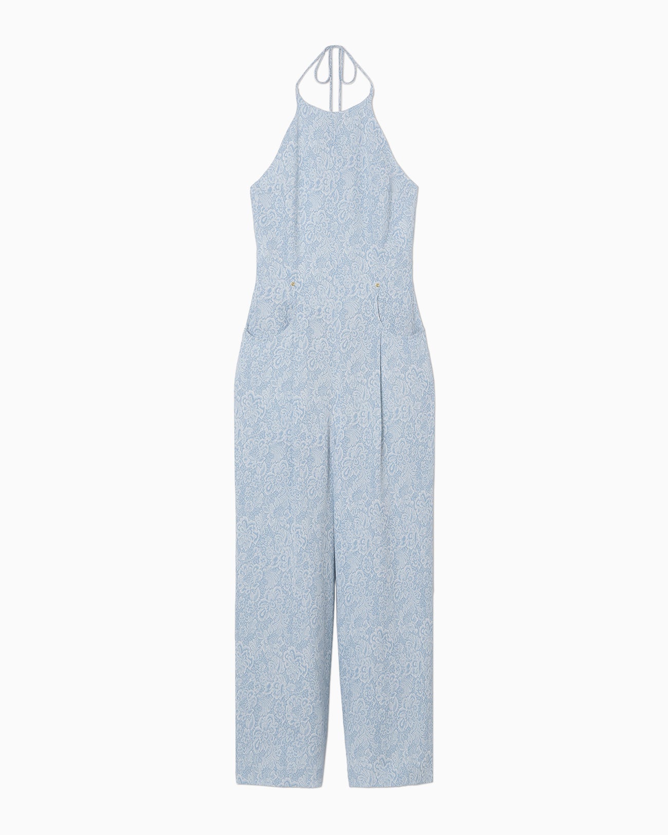 Floral Pattern Acetate Rayon Jacquard Jump Suit - blue