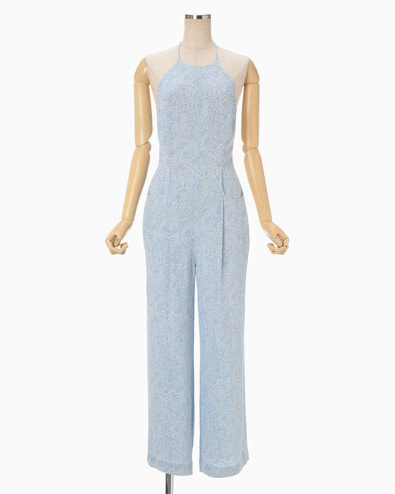 Floral Pattern Acetate Rayon Jacquard Jump Suit - blue