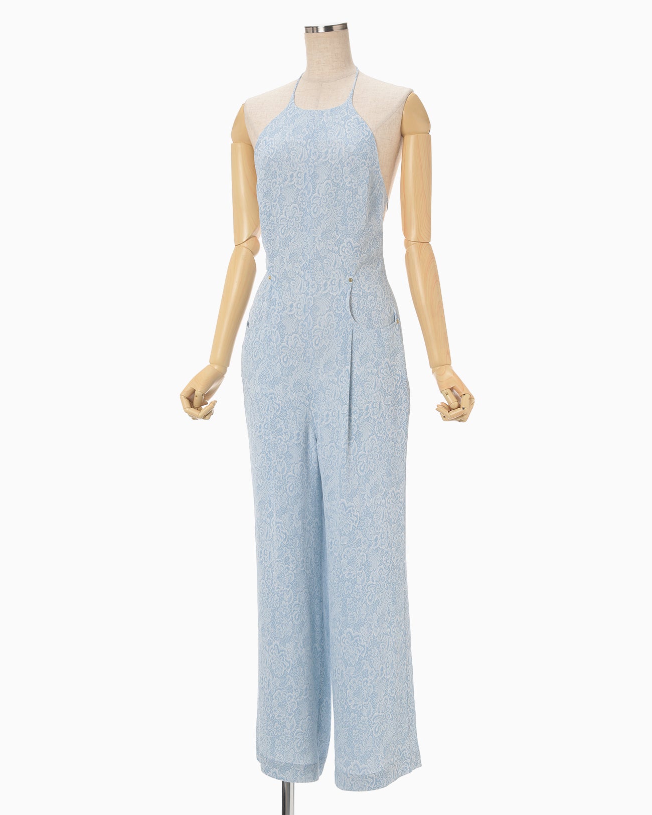 Floral Pattern Acetate Rayon Jacquard Jump Suit - blue