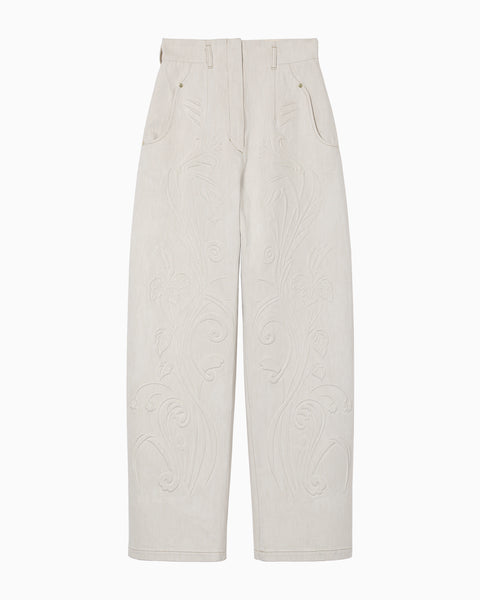 Floral Embossed Wide Leg Jeans - ecru