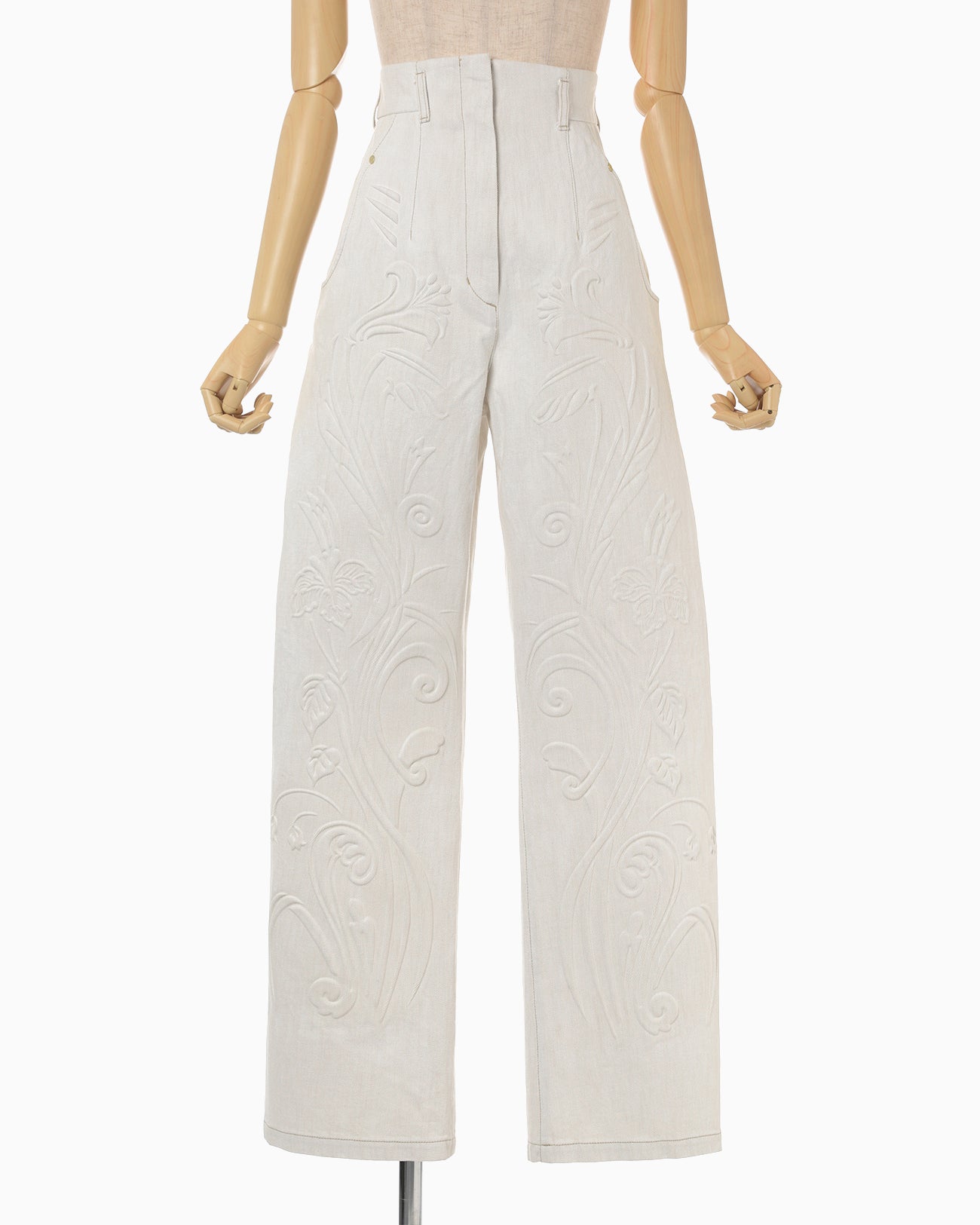 Floral Embossed Wide Leg Jeans - ecru - Mame Kurogouchi