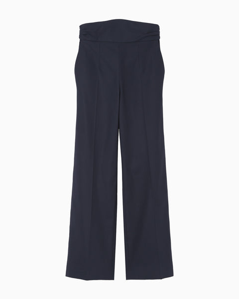 Back String Cotton Flare Trousers - navy