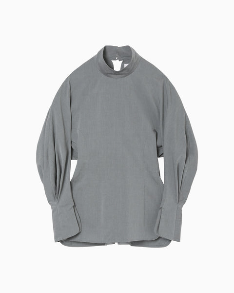 Cotton Chambray High Neck Blouse - grey