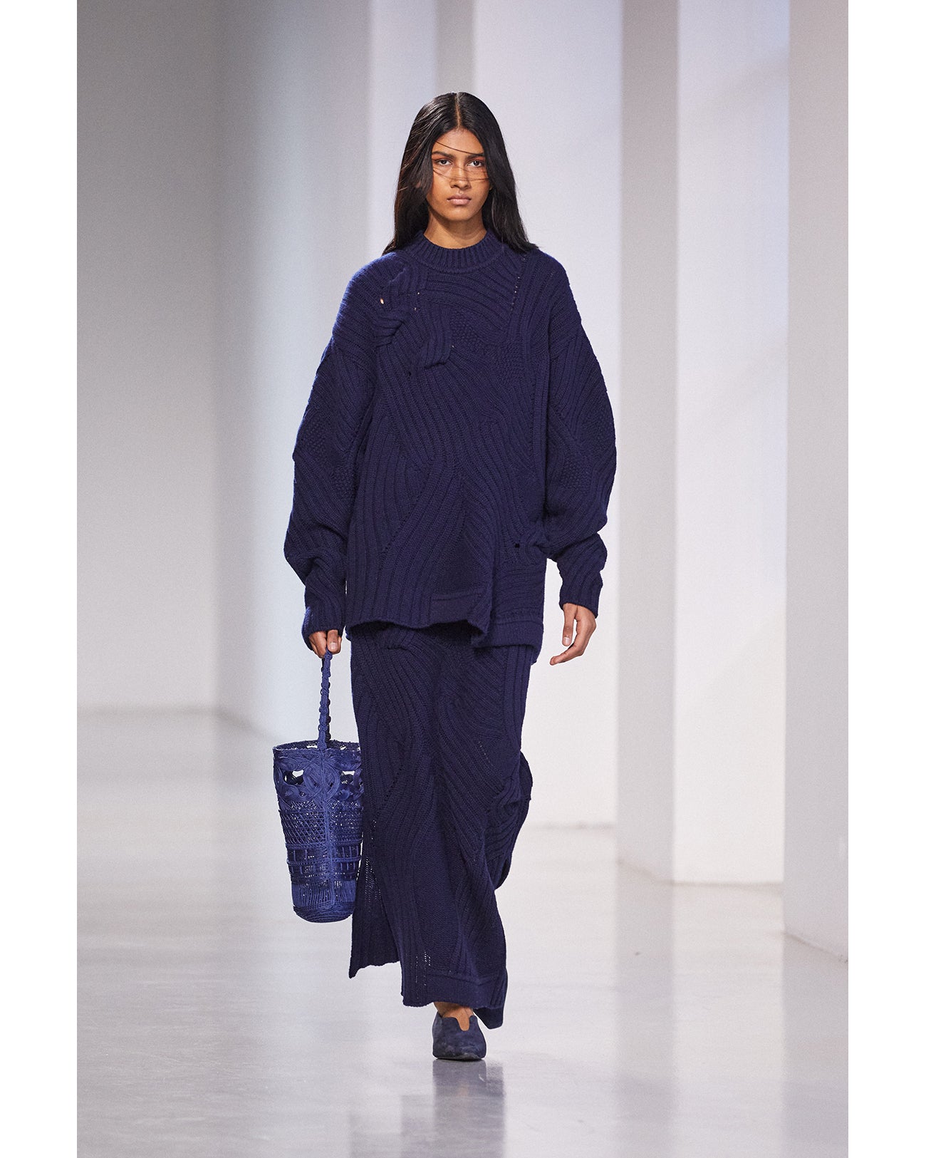 Basket Motif Cable Stitch Knitted Pullover - navy