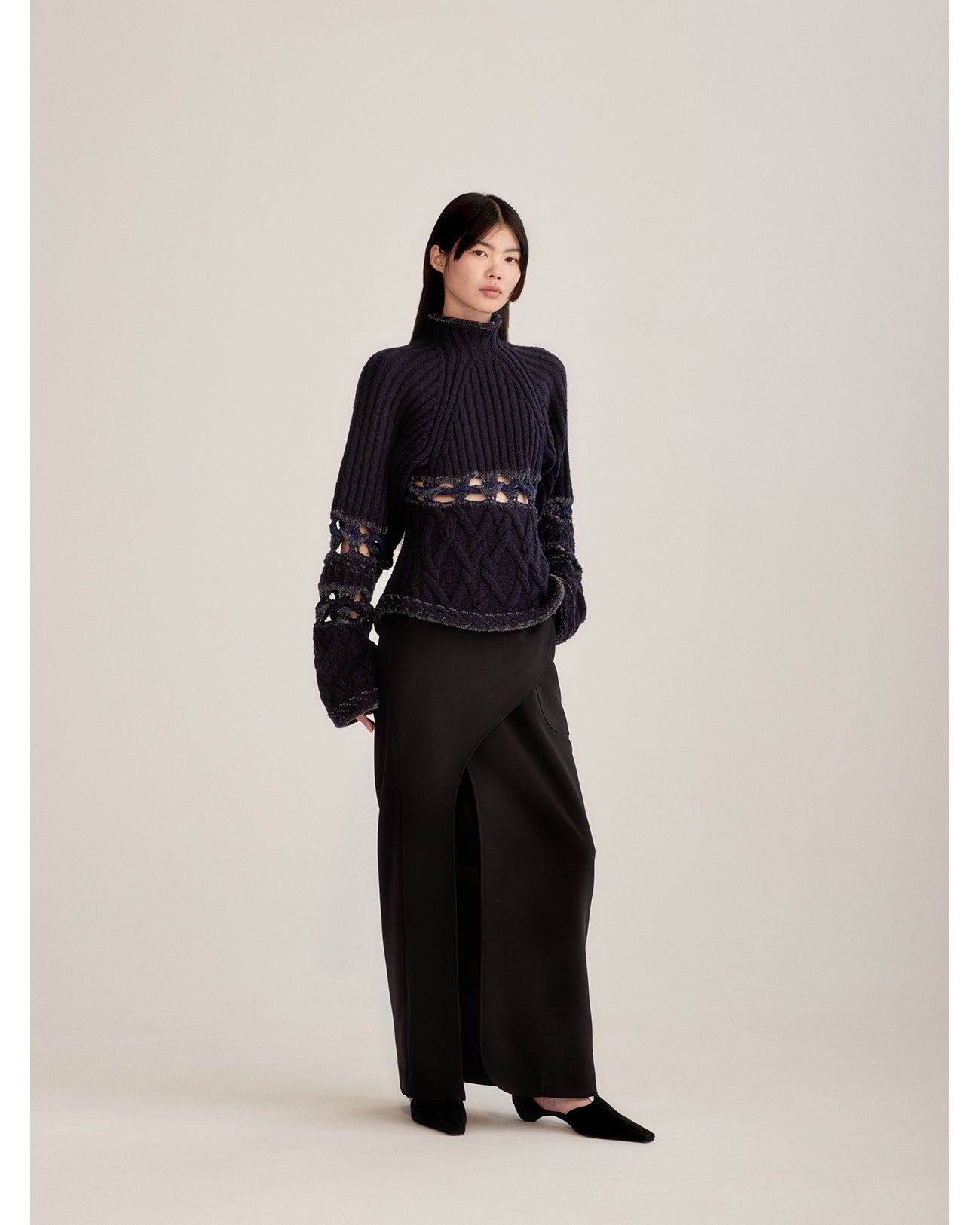 Acetate Polyester Curved Line Slit Skirt - khaki