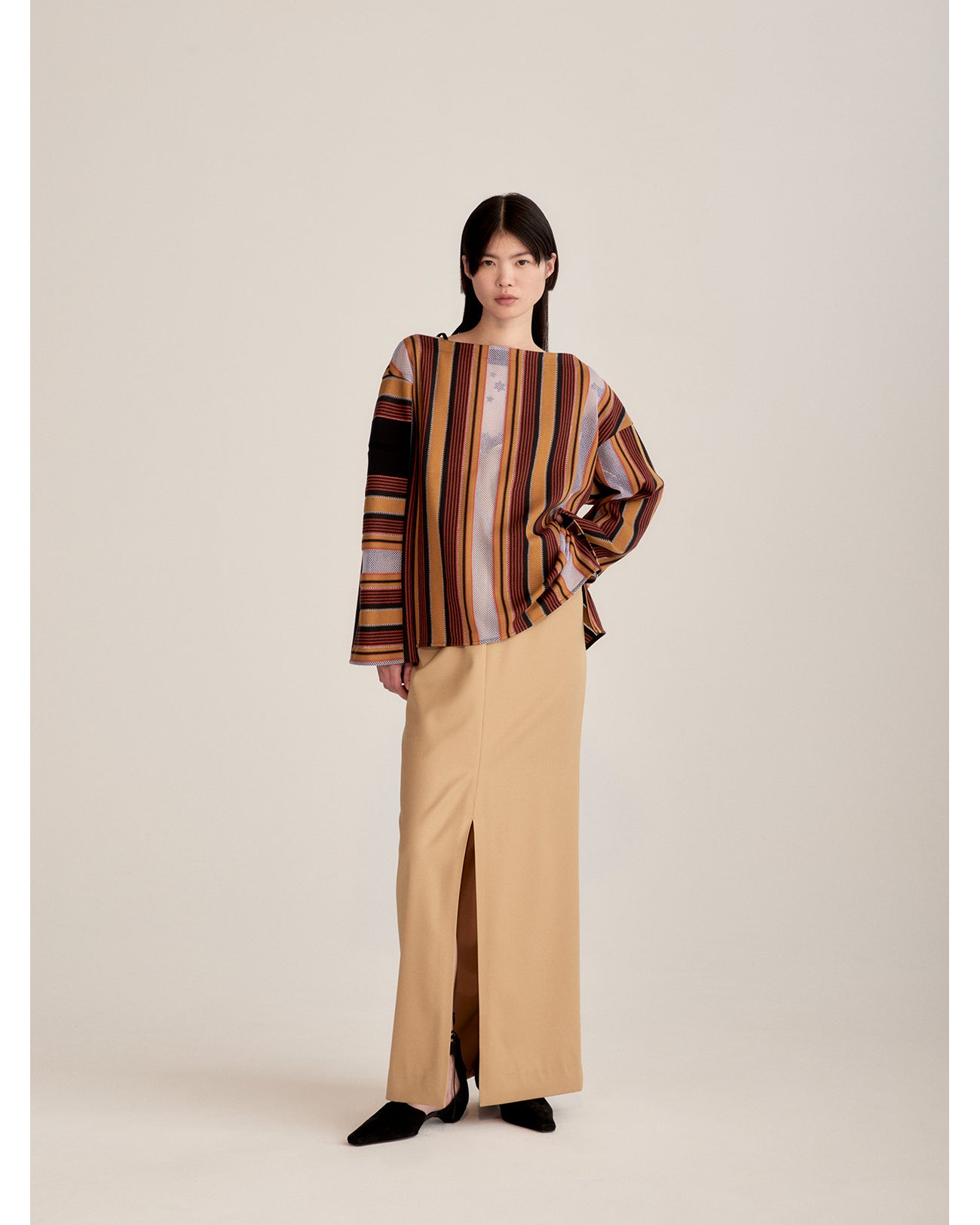 Raschel Jersey Torchon Lace Stripe Top - brown