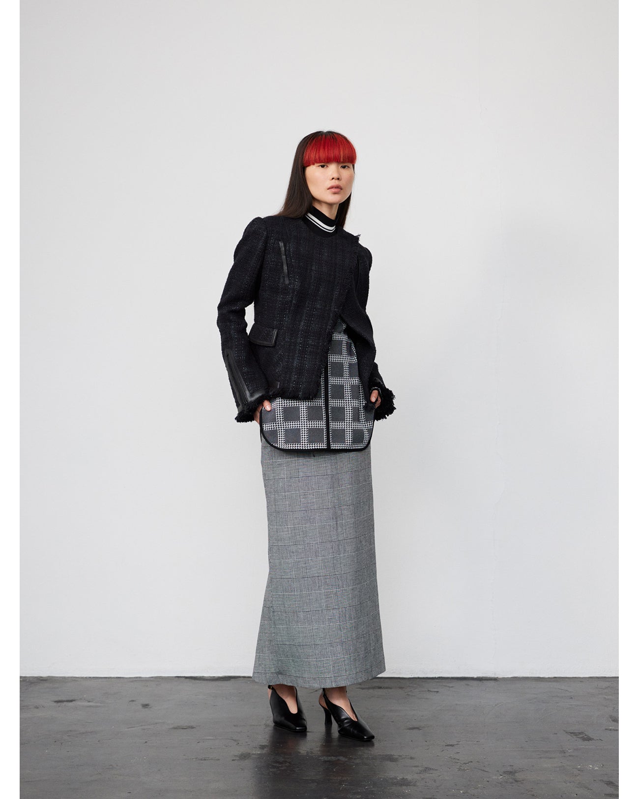 Houndstooth Geometric Plaid Skirt - black