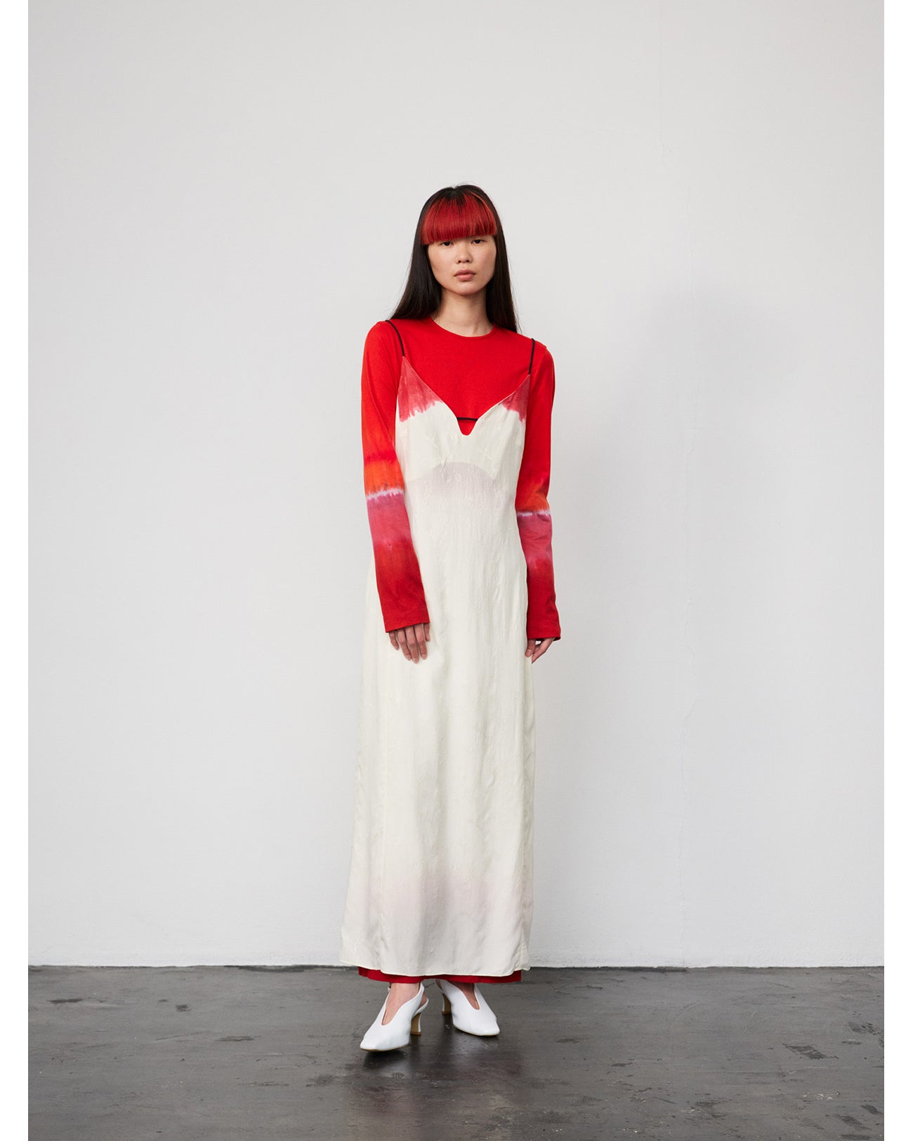 Crane Pattern Jacquard Hand-Dyed Slip Dress - ecru