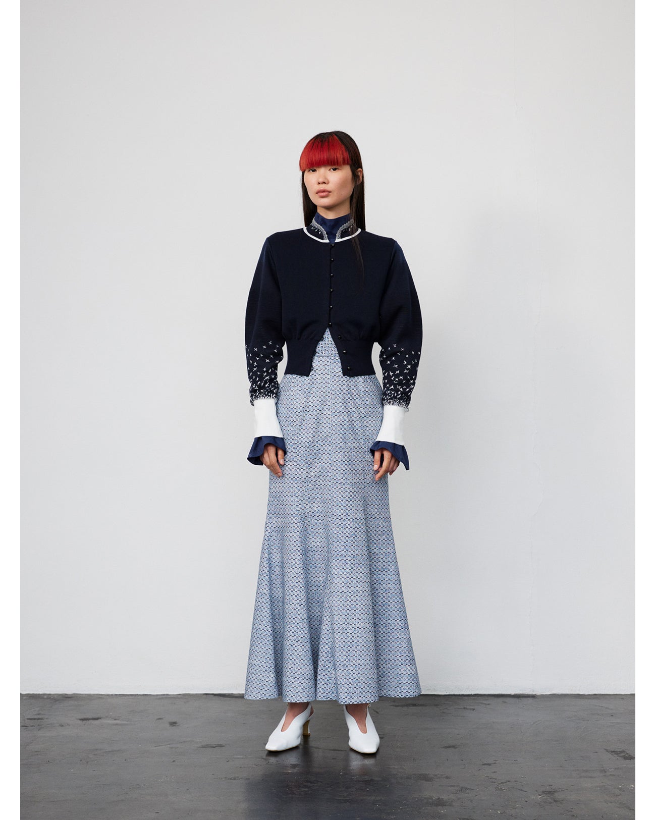 Crane Pattern Jacquard Knitted Cardigan - navy - Mame Kurogouchi