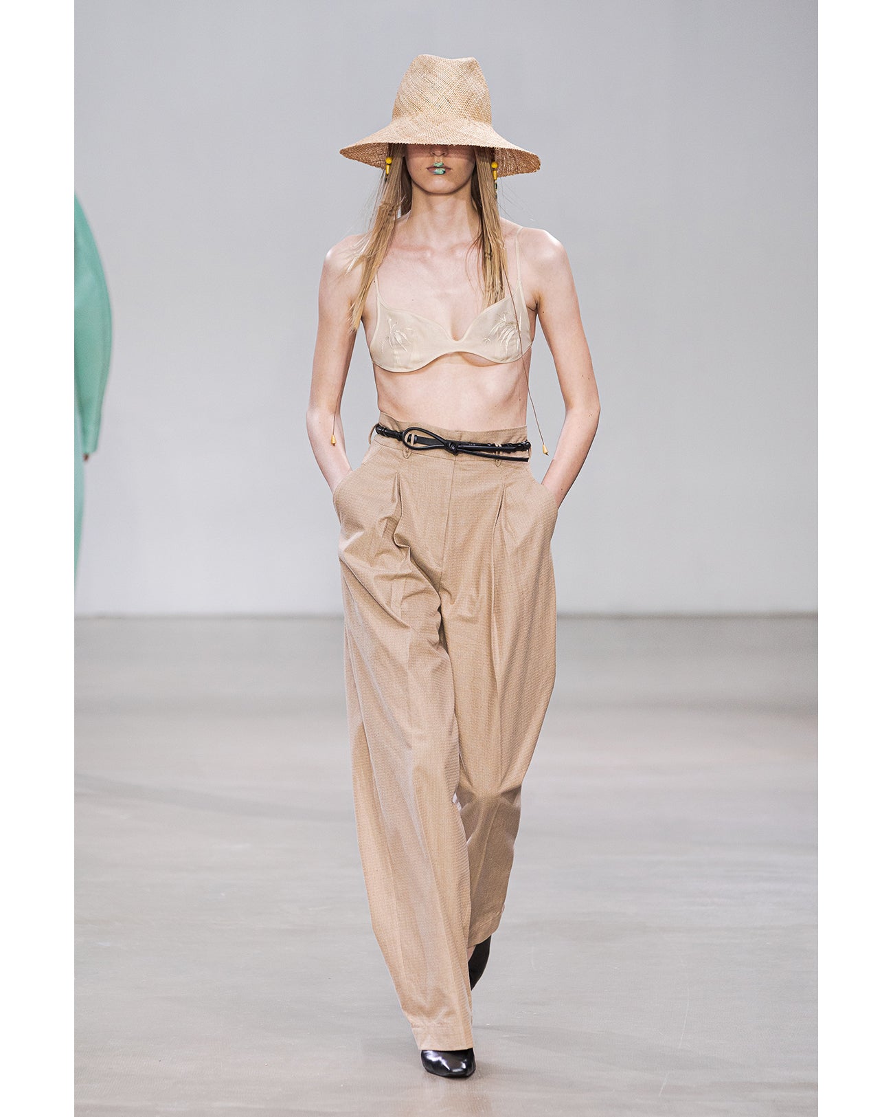 Wide Brim Bao Hat with Bamboo Beaded Cords - beige