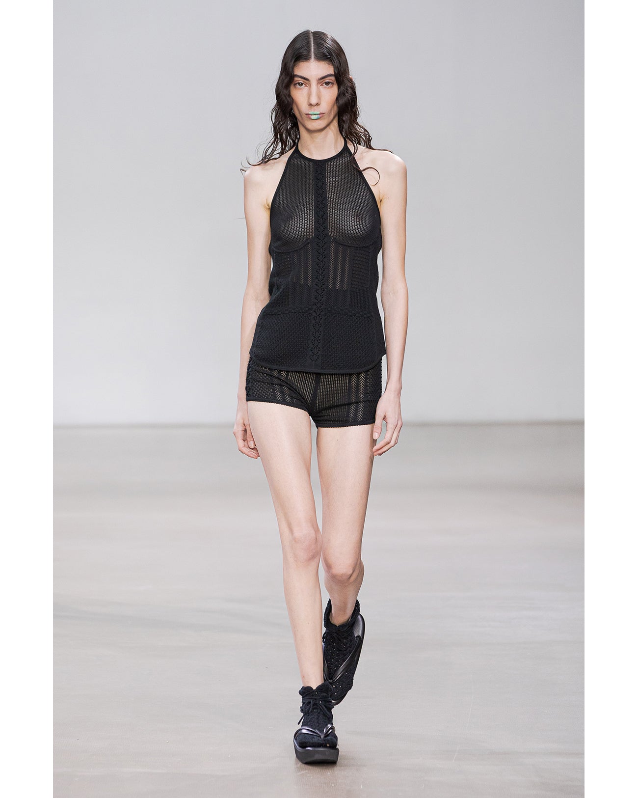 Openwork Lace-up Knitted Shorts - black