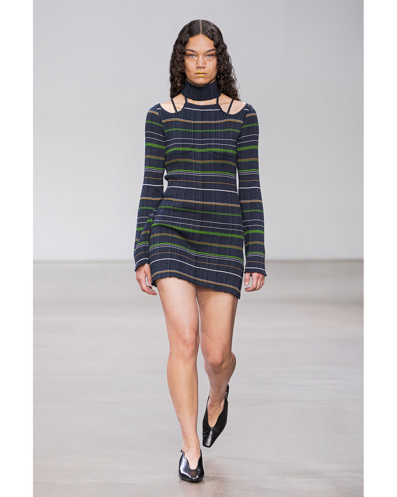 Random Ribbed Plaid Knitted Dress With Choker - navy