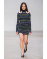 Random Ribbed Plaid Knitted Dress With Choker - navy