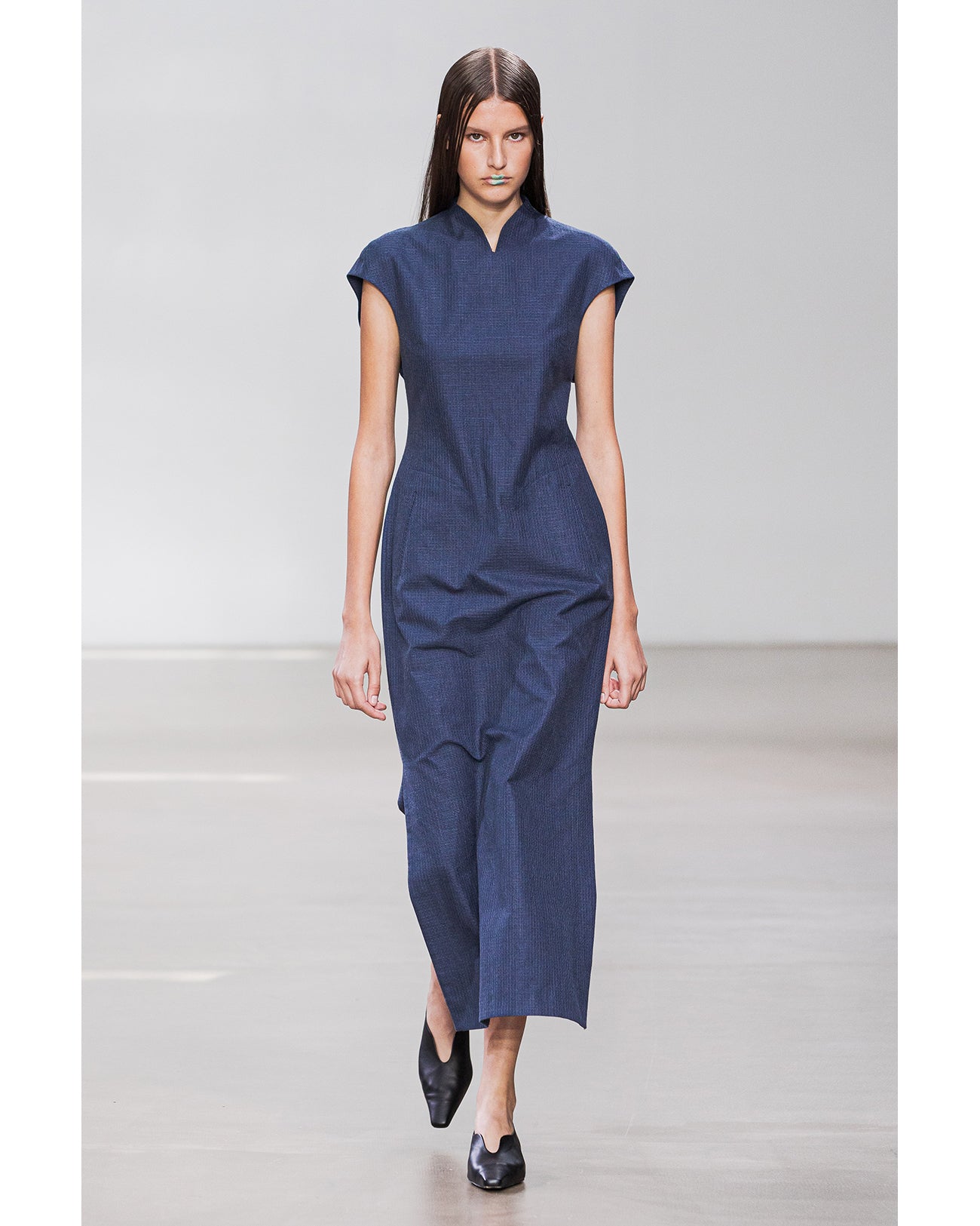 Geometric Silk Cotton Jacquard Slit Dress - navy