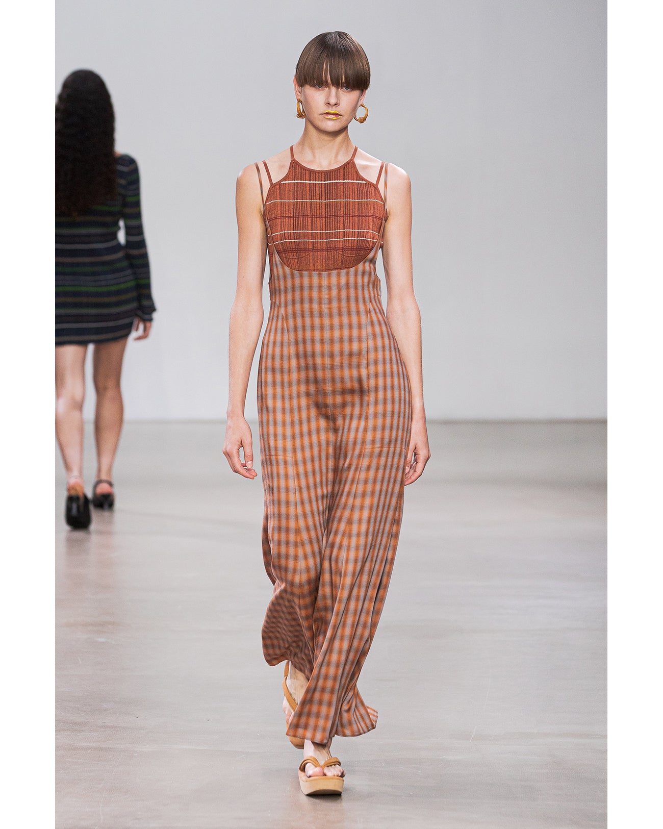 Linen Mix Ombre Check Camisole Dress - brown