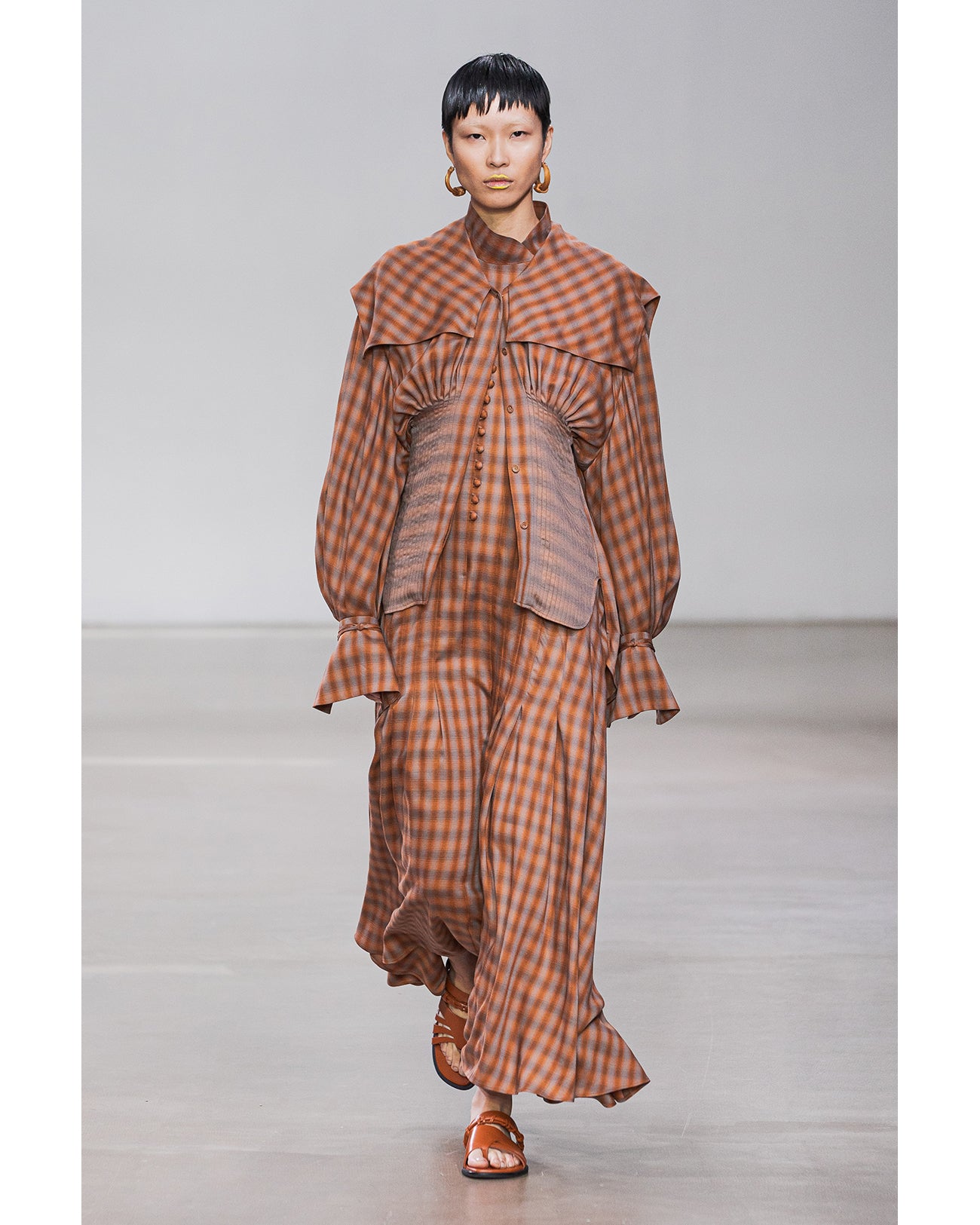 Linen Mix Ombre Check Flared Dress - brown