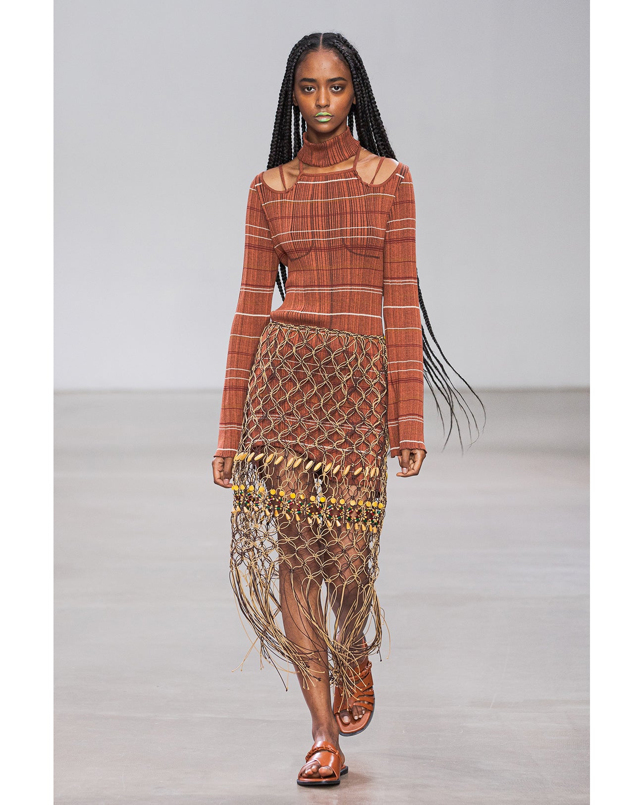 Bamboo Beaded Macrame Fringe Skirt - brown